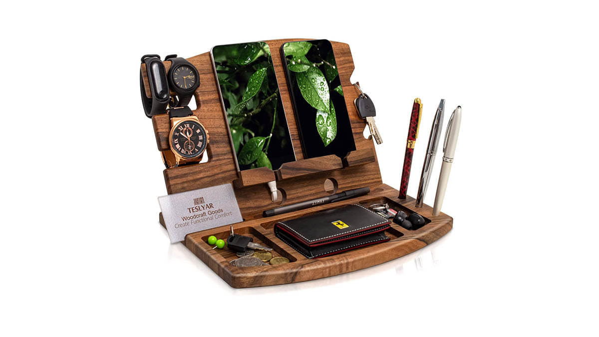 walnut wood double phone docking station desk organizer an